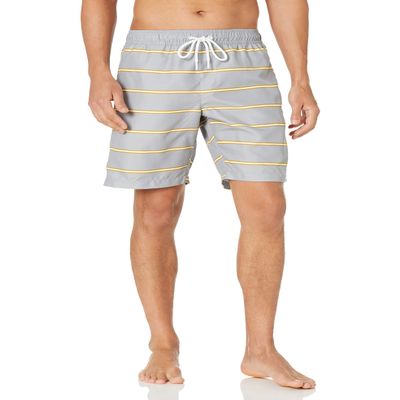 Amazon Essentials Men's 9" Swim Trunks with Mesh Lining, Pockets, Drawstring Closure, Grey Stripe, Medium