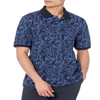 Amazon Essentials Men's Regular-Fit Cotton Pique Polo Shirt (Available in Big & Tall), Indigo Palm Leaf Print, Small