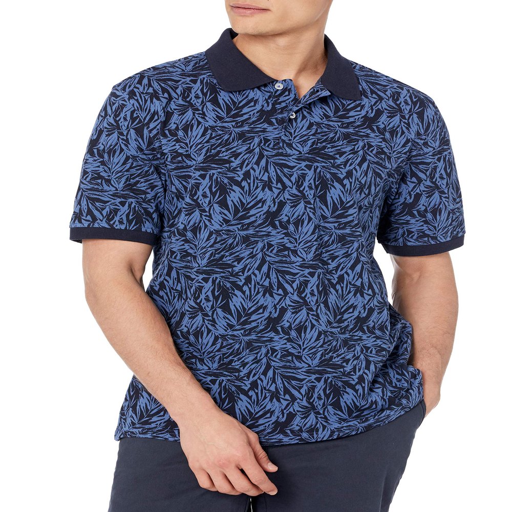 Amazon Essentials Men's Regular-Fit Cotton Pique Polo Shirt (Available in Big & Tall), Indigo Palm Leaf Print, Small