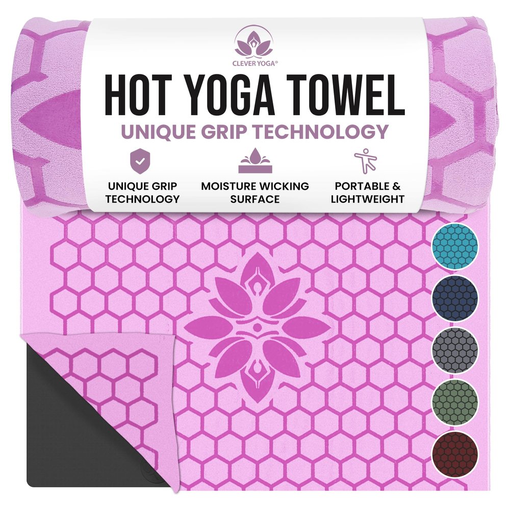 Clever Yoga Hot Yoga Mat Towel Non-Slip Grip for Hot Yoga, Sweat Absorbent, Honeycomb Silicone Grip, Stays Flat Ideal for Pilates, Travel, Washable & Lightweight - Lilac