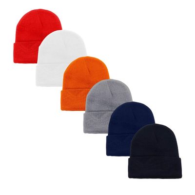 6 Pack Plain Long Cuffed Beanie for Mens and Womens Skulls (Mix)