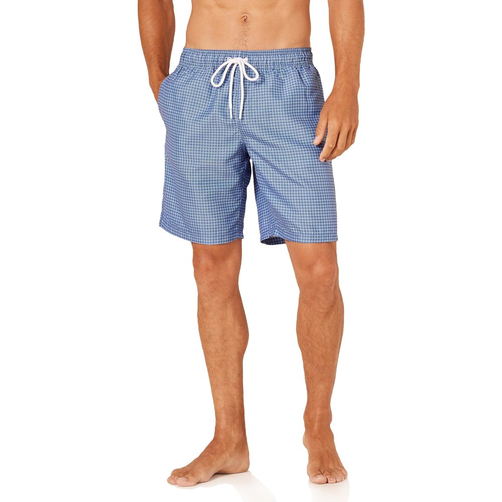 Amazon Essentials Men's 9" Swim Trunks with Mesh Lining, Pockets, Drawstring Closure, Blue Geometric Print, Medium