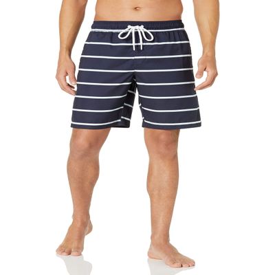 Amazon Essentials Men's 9" Swim Trunks with Mesh Lining, Pockets, Drawstring Closure, Navy Stripe, XX-Large