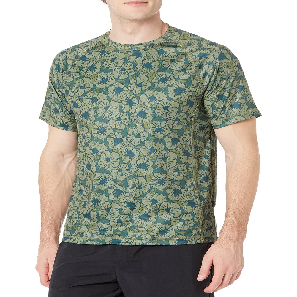 Amazon Essentials Men's Slim-Fit Short-Sleeve Quick-Dry UPF 50 Swim Tee, Olive Hibiscus Flower, Small
