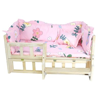 JLXJ Pink Wood Dog Cats Bed for Large Medium Small Pet, Outdoor Indoor Raised Orthopedic Wooden Sofa Cot, Portable Soft Removable Mattress (Color : Pink(Stairs), Size : 805040cm)