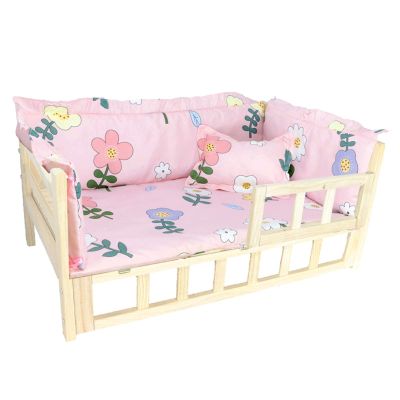 JLXJ Pink Wood Dog Cats Bed for Large Medium Small Pet, Outdoor Indoor Raised Orthopedic Wooden Sofa Cot, Portable Soft Removable Mattress (Color : Pink(Guardrail), Size : 564040cm)