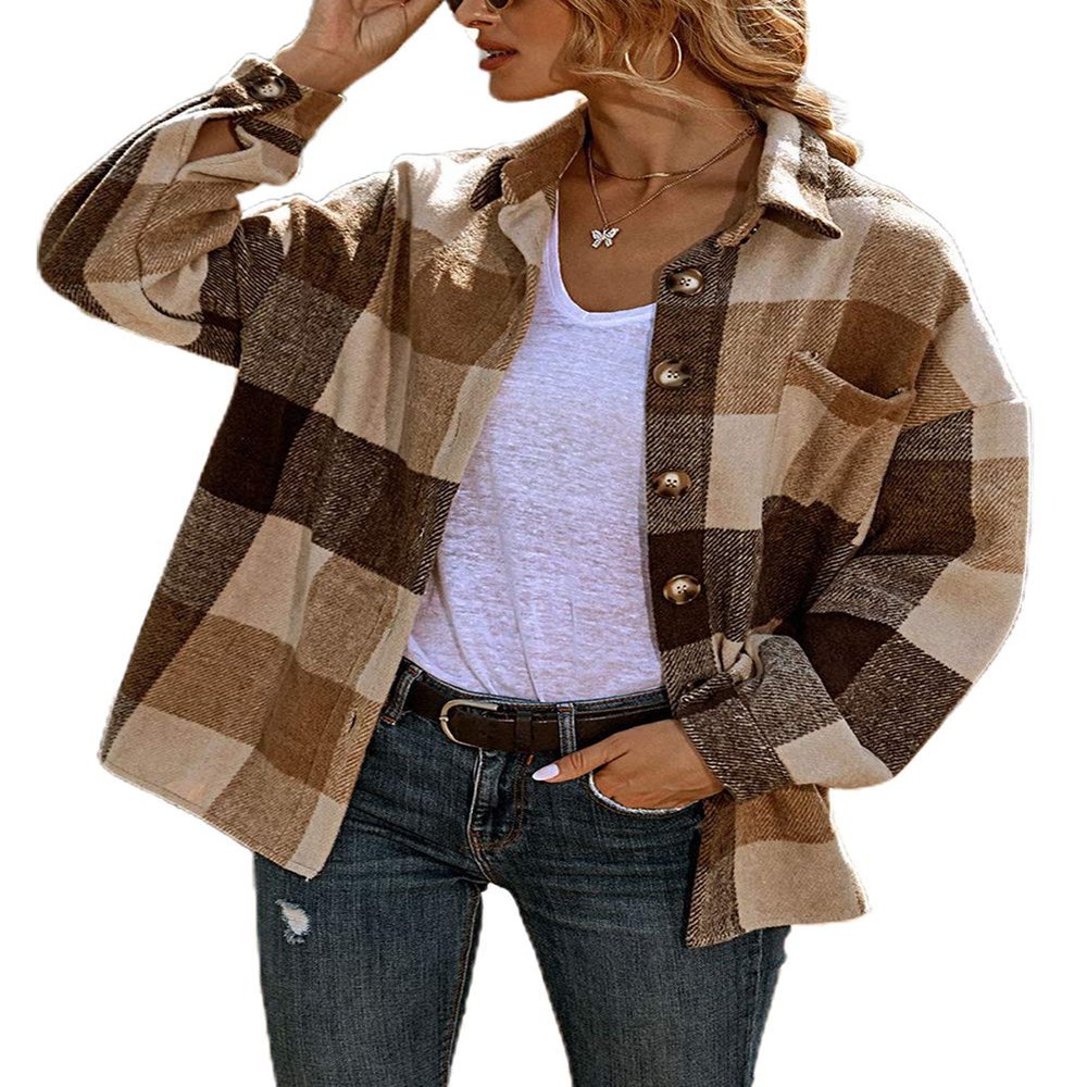 chouyatou Women's Oversized Casual Button Down Plaid Shirt Jacket Flannel Shacket (X-Large, Brown)