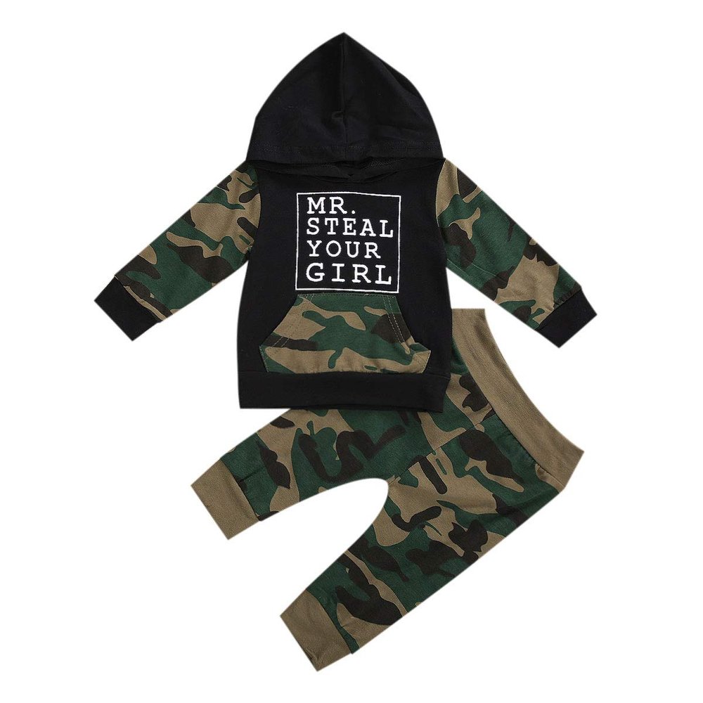 Nokpsedcb Baby Boys Hooded Top Autumn New Long Sleeve Sweatshirt+Drawstring Long Pants Trousers Outfits Set (6-12 Months, H-Black)