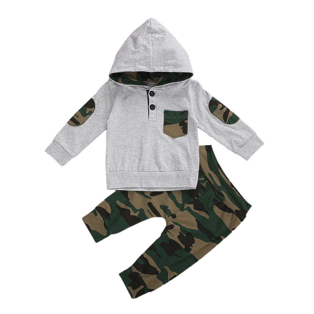 Nokpsedcb Baby Boys Hooded Top Autumn New Long Sleeve Sweatshirt+Drawstring Long Pants Trousers Outfits Set (0-6 Months, H-Grey)
