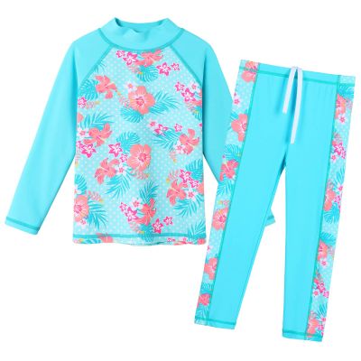 Girls Rash Guard Swimsuit Two Piece Floral Bathing Suit UPF 50+ UV Swimwear 3-12Y S301_CyanFlower_6A