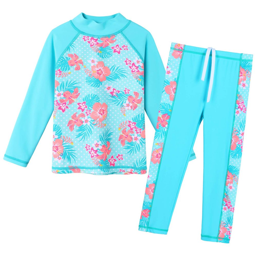 Girls Rash Guard Swimsuit Two Piece Floral Bathing Suit UPF 50+ UV Swimwear 3-12Y S301_CyanFlower_6A