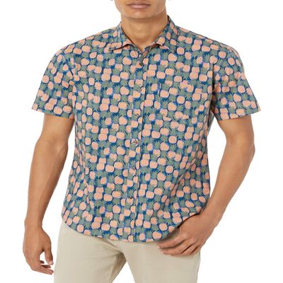 Amazon Essentials Men's Regular-Fit Short-Sleeve Print Shirt, Navy Peach Pineapple Print, X-Large