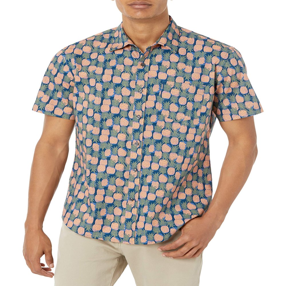 Amazon Essentials Men's Regular-Fit Short-Sleeve Print Shirt, Navy Peach Pineapple Print, X-Large