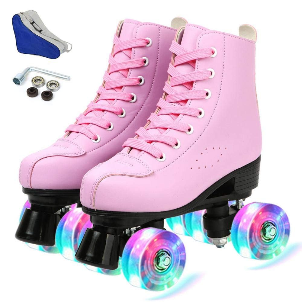 YYW Roller Skates for Women Men, High Top PU Leather Classic Double-Row Roller Skates, Indoor Outdoor Roller Skates for Beginner a Shoes Bag (Pink Flash, 41)
