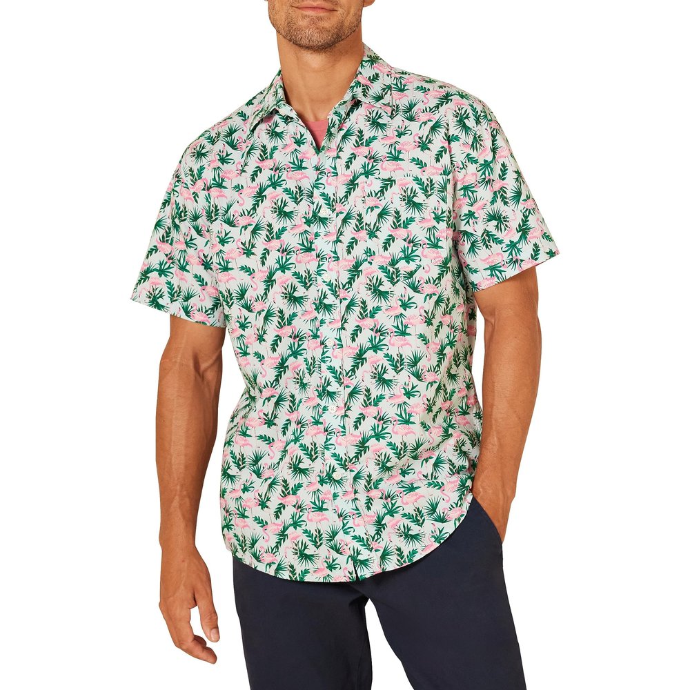 Amazon Essentials Men's Regular-Fit Short-Sleeve Print Shirt, Pastel Green Flamingo, Large
