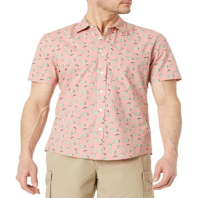 Amazon Essentials Slim-Fit Men's Short Sleeve Button Down Shirt, Pink Fruit Design, Small
