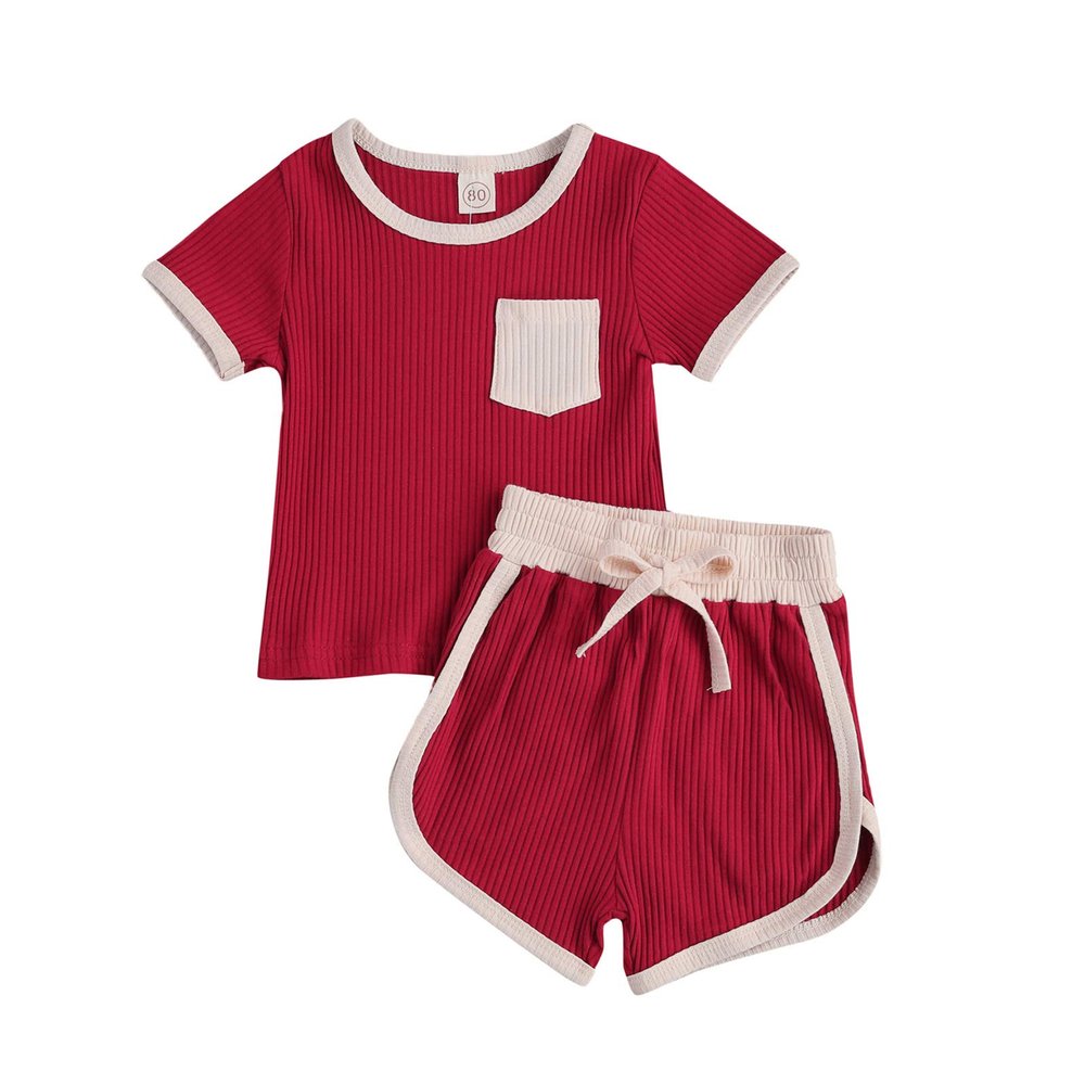 Toddler Baby Boy Girl Summer Clothes Ribbed Short Sleeve T-Shirts Tees Tops+Drawstring Shorts Pants Outfits 2PCS Shorts Set (Wine Red, 12-18 Months)
