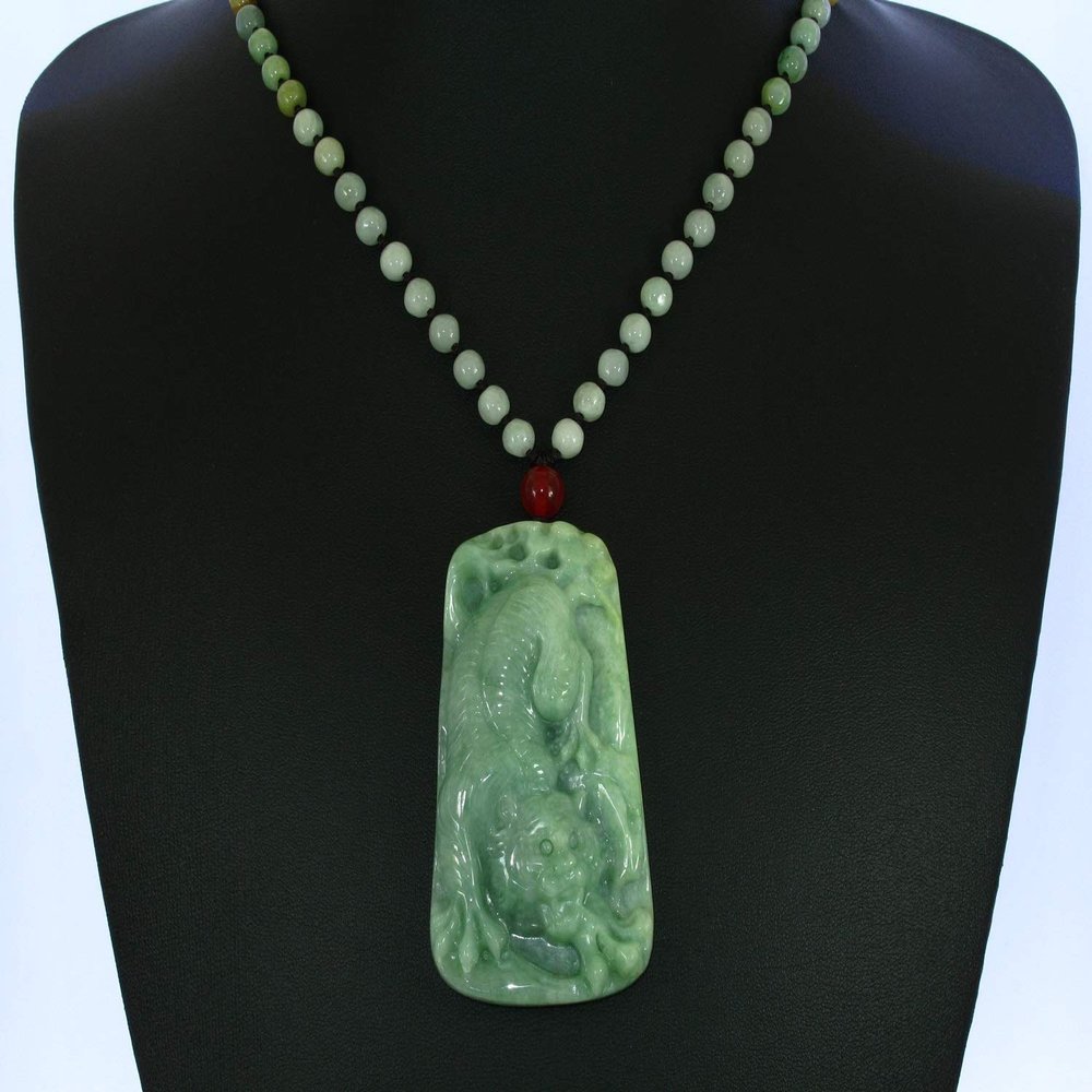 2.8" China Certified Grade A Nature Hisui Jadeite Jade Tiger Amulet Hand Carved Neckalce Pendants 0101