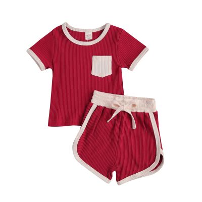 Toddler Baby Boy Girl Summer Clothes Ribbed Short Sleeve T-Shirts Tees Tops+Drawstring Shorts Pants Outfits 2PCS Shorts Set (Wine Red, 2T-3T)