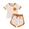 Toddler Baby Boy Girl Summer Clothes Ribbed Short Sleeve T-Shirts Tees Tops+Drawstring Shorts Pants Outfits 2PCS Shorts Set (Beige, 3T-4T) view 1