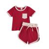 Toddler Baby Boy Girl Summer Clothes Ribbed Short Sleeve T-Shirts Tees Tops+Drawstring Shorts Pants Outfits 2PCS Shorts Set (Wine Red, 6-12 Months) view 1