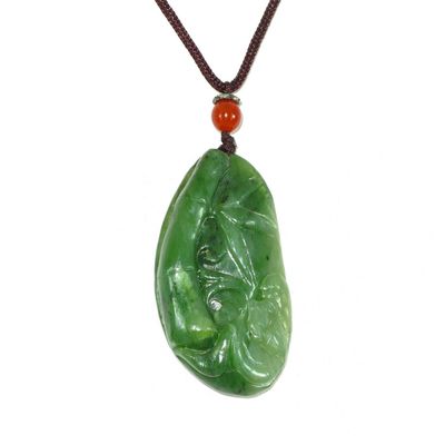 1.9" China Certified Nature Hetian Nephrite Green Jade Blessing Bat and Bamboo Hand Carved Necklace Pendant 2538