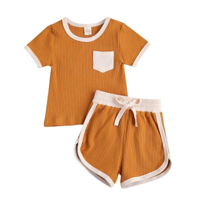 Toddler Baby Boy Girl Summer Clothes Ribbed Short Sleeve T-Shirts Tees Tops+Drawstring Shorts Pants Outfits 2PCS Shorts Set (Orange, 12-18 Months)