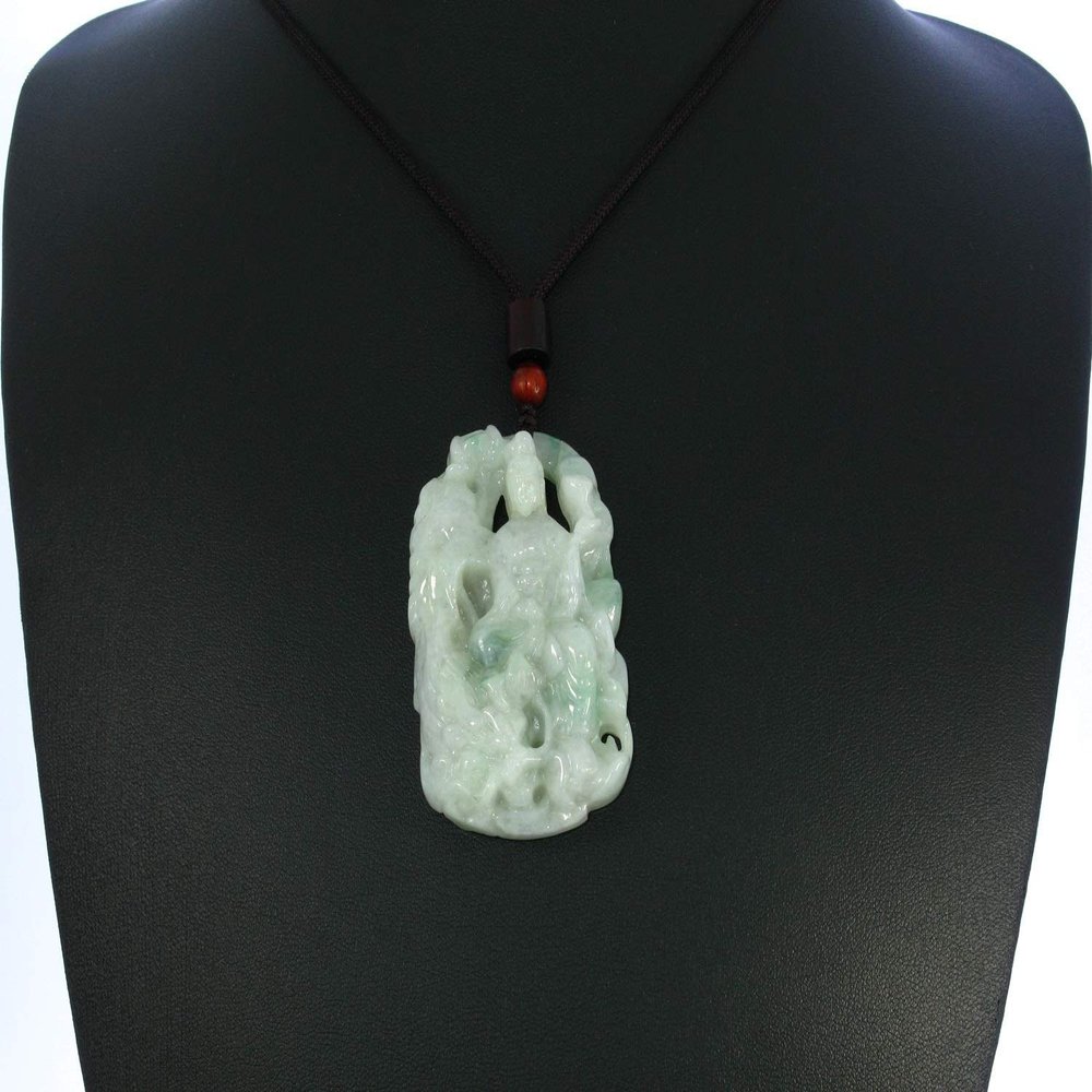 2.2" China Certified Grade A Nature Hisui Jadeite Jade Blessing Manjusri Hand Carved Neckalce Pendants with Slight Crack 0108