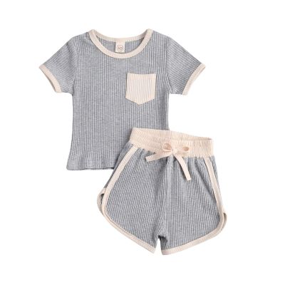 Toddler Baby Boy Girl Summer Clothes Ribbed Short Sleeve T-Shirts Tees Tops+Drawstring Shorts Pants Outfits 2PCS Shorts Set (Grey, 12-18 Months)