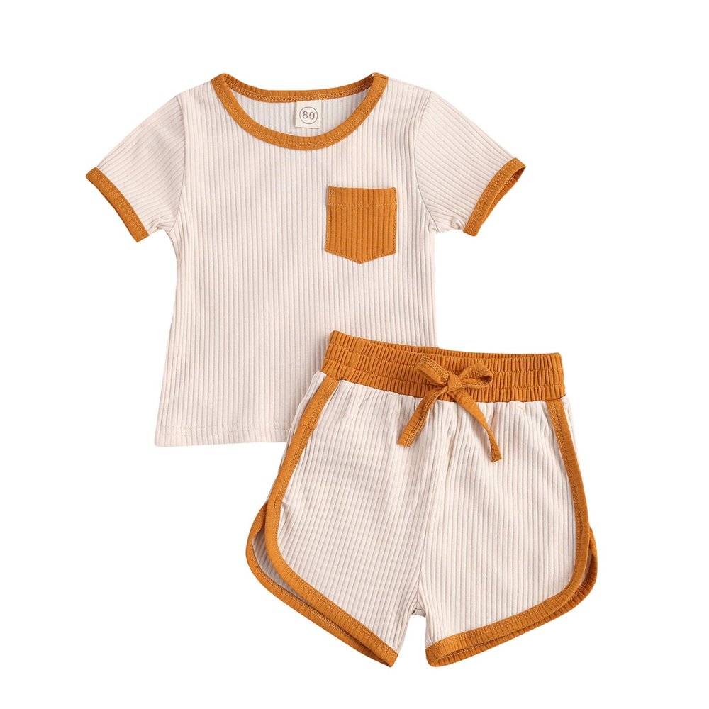 Toddler Baby Boy Girl Summer Clothes Ribbed Short Sleeve T-Shirts Tees Tops+Drawstring Shorts Pants Outfits 2PCS Shorts Set (Beige, 18-24 Months)