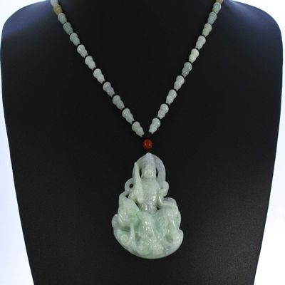 2.3" China Certified Grade A Nature Hisui Jadeite Jade Blessing Manjusri Hollow Carved Neckalce Pendants 0109