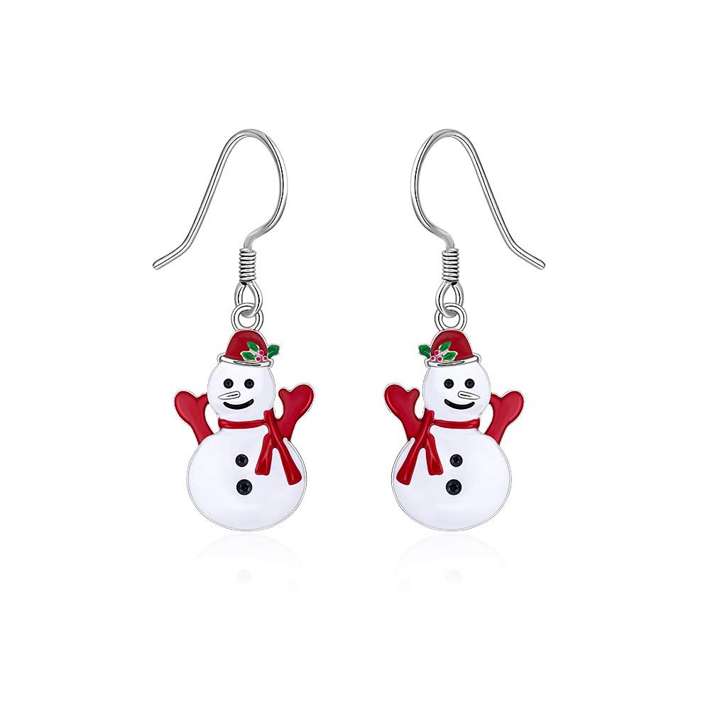 Christmas Snowman Earrings Real 925 Sterling Silver for Women Hypoallergenic Dangle Weird Cute Red Huggie Hook Bauble Holiday Winter Xmas Thanksgiving Gift
