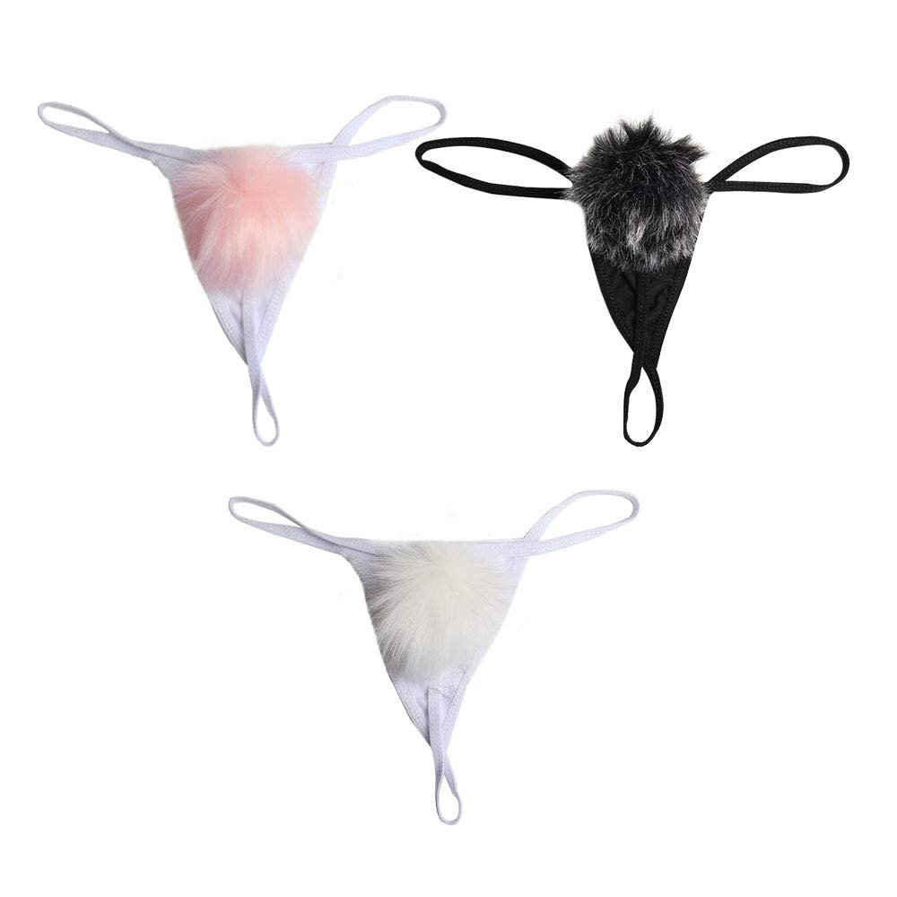 Acxico 3 pcs Sexy Japanese Thong Pantie Cute Rabbit Tail String Harajuku Fur Ball Bikini (pink/white/black each)