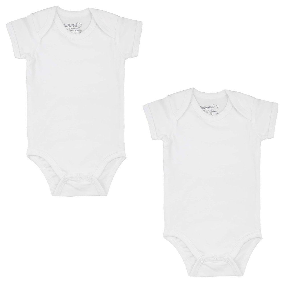 123 Bear Baby Cotton Spandex Infant Bodysuits Long Sleeve and Short Sleeve (White 2-Pack Short Sleeve, 3-6 Months)