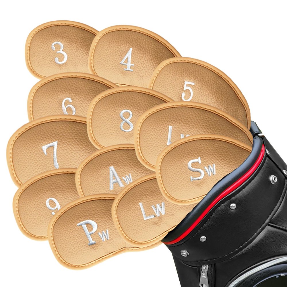 FINGER TEN Premium Synthetic Leather Stylish Iron & Wedge Golf Head Covers Value 12 Piece Set, Embroidered Labels & Fits Most Clubs Gift Set, Travel Protection Accessories (1 Side-Brown)