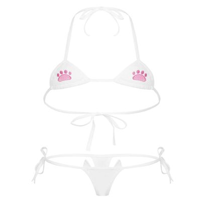 ACSUSS Womens Cute Printed Design Lingerie Swimsuit Bikini Bra Top with G-String Briefs Underwear F White One Size