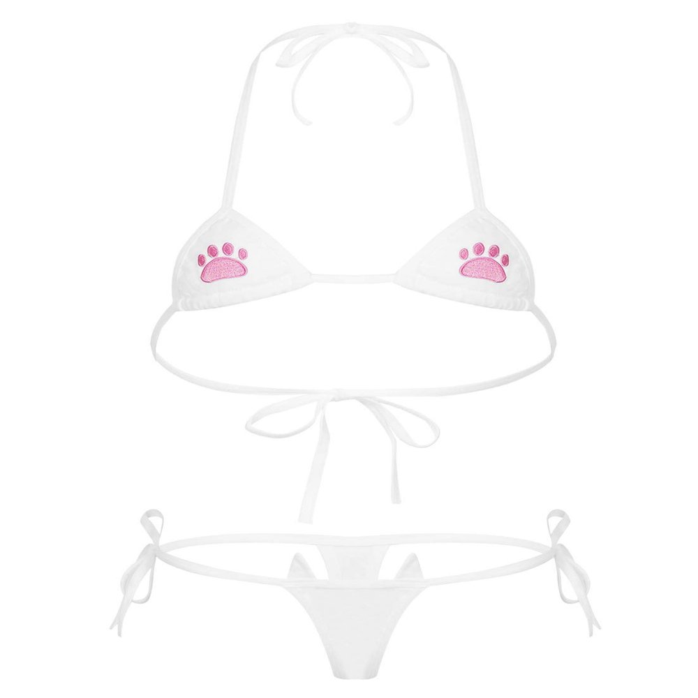 ACSUSS Womens Cute Printed Design Lingerie Swimsuit Bikini Bra Top with G-String Briefs Underwear F White One Size