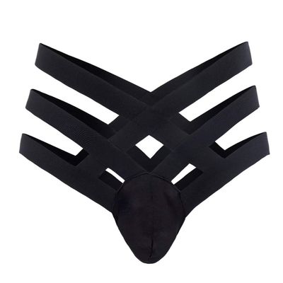 dPois Men's Elastic Thong Underwear Bikini Briefs Strappy Bulge Enhancing Lingerie Black M