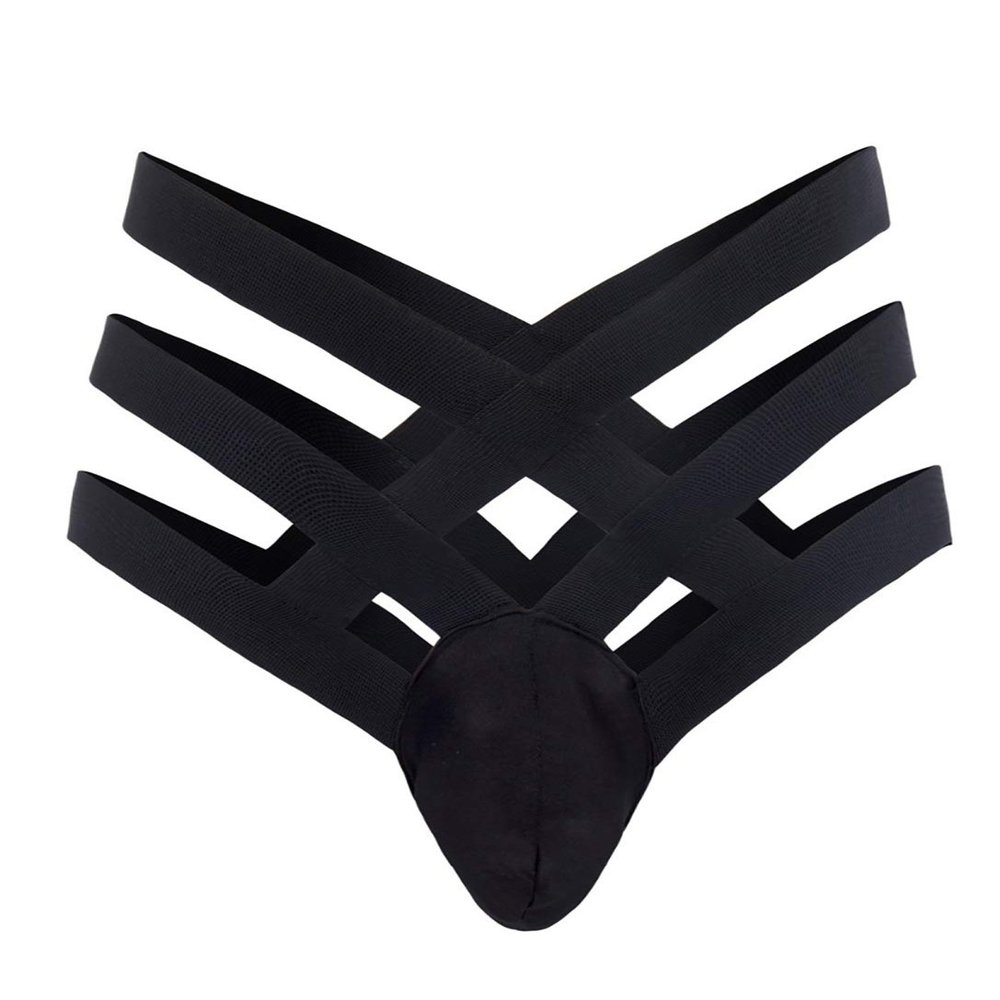 dPois Men's Elastic Thong Underwear Bikini Briefs Strappy Bulge Enhancing Lingerie Black M