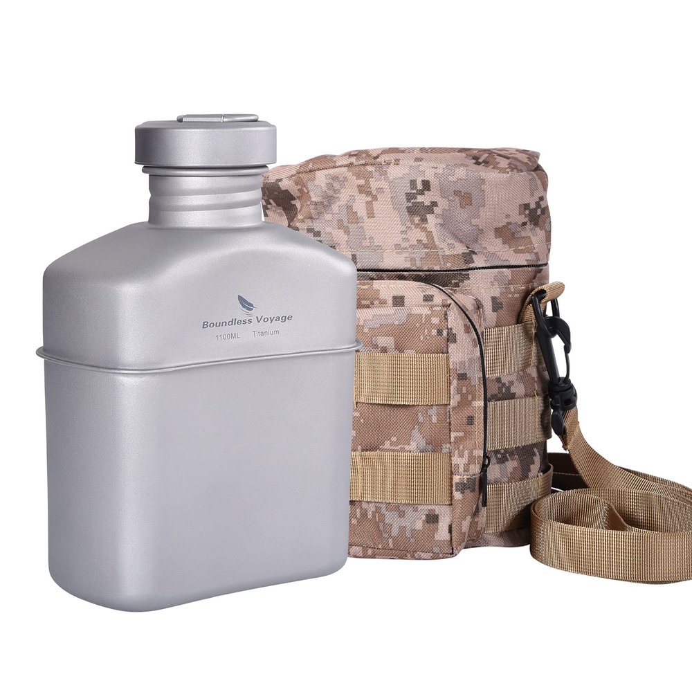 Boundless Voyage Titanium Military Canteen with Carry Bag Outdoor Camping Big Capacity Water Bottle Cup Pot Mess Kits 1100ml Ti15158Ar