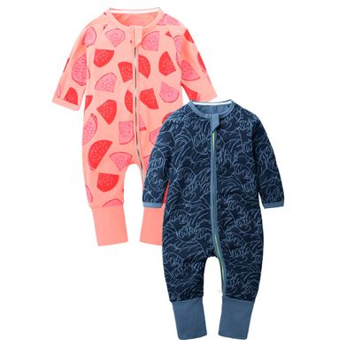 Baby Boys Girls Unisex 2-Pack Long Sleeve Cotton Footed Pajama Infant Cute Graphic 2-Way Zip Romper Sleep and Play
