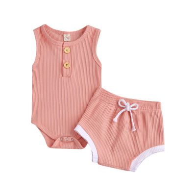 Newborn Baby Boy Girl Summer Clothes Ribbed Sleeveless Bodysuits Rompers Tops+Shorts Pants 2PCS Outfits Set Toddler Clothes (Pink, 6-12 Months)