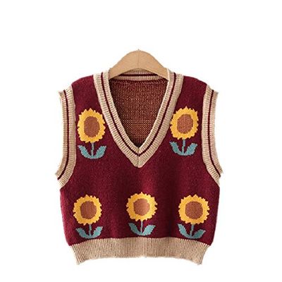 Hyipels Women's Sweater Vest,Y2K Sleeveless Pattern Preppy Style Knitted Crop Tank Top for Girl