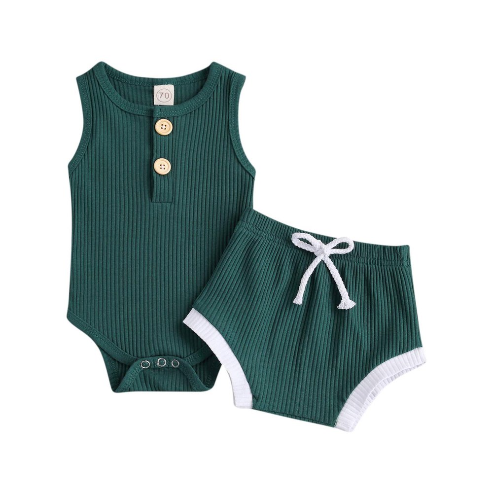 Newborn Baby Boy Girl Summer Clothes Ribbed Sleeveless Bodysuits Rompers Tops+Shorts Pants 2PCS Outfits Set Toddler Clothes (Dark Green, 12-18 Months)