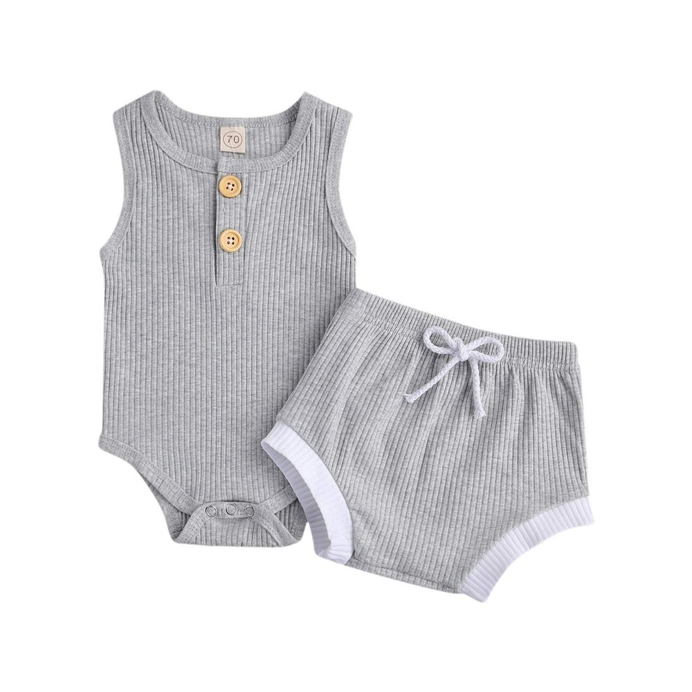 Newborn Baby Boy Girl Summer Clothes Ribbed Sleeveless Bodysuits Rompers Tops+Shorts Pants 2PCS Outfits Set Toddler Clothes (Grey, 18-24 Months)