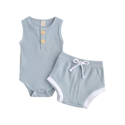 Newborn Baby Boy Girl Summer Clothes Ribbed Sleeveless Bodysuits Rompers Tops+Shorts Pants 2PCS Outfits Set Toddler Clothes (Light Blue, 0-6 Months)