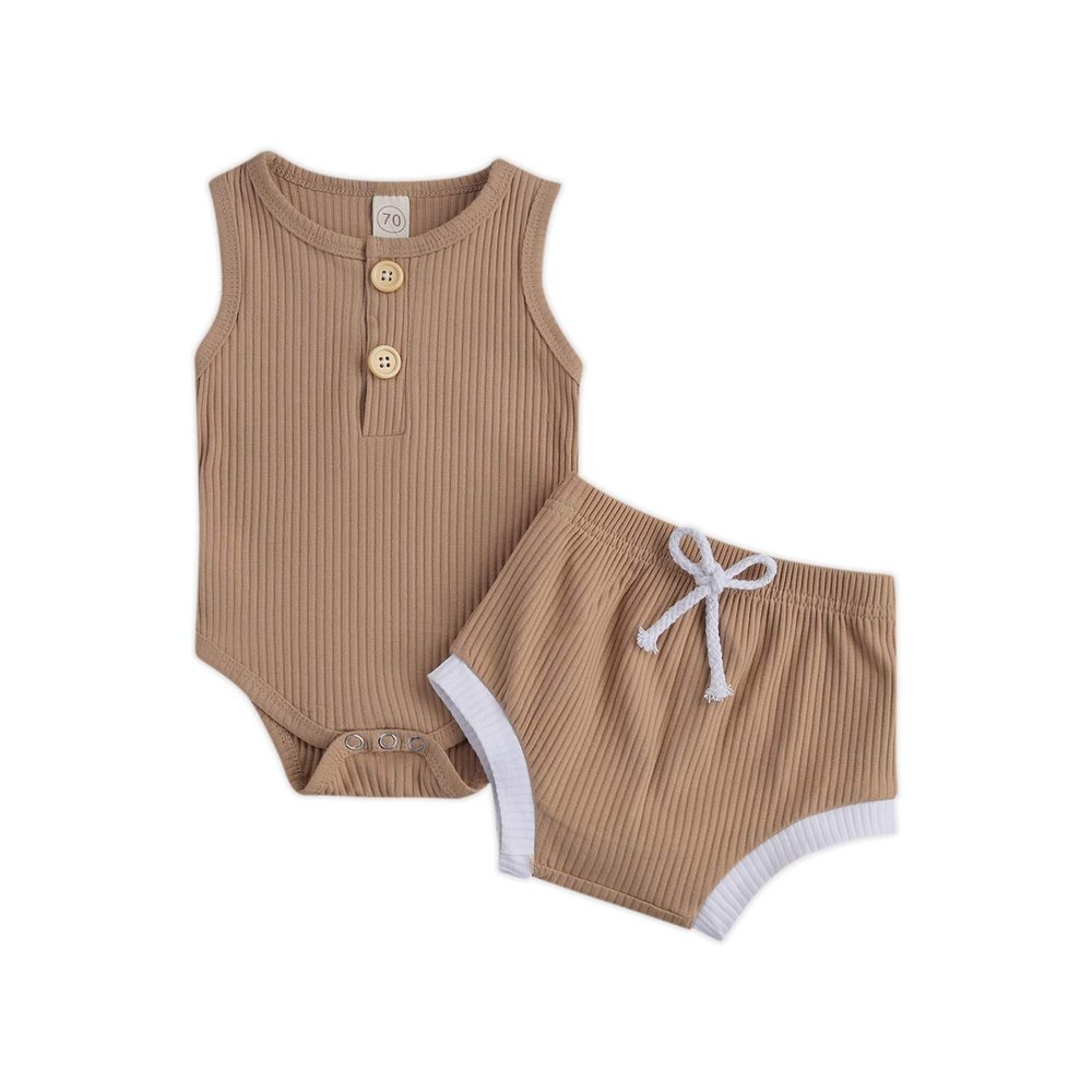 Newborn Baby Boy Girl Summer Clothes Ribbed Sleeveless Bodysuits Rompers Tops+Shorts Pants 2PCS Outfits Set Toddler Clothes (Light Brown, 6-12 Months)