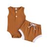 Newborn Baby Boy Girl Summer Clothes Ribbed Sleeveless Bodysuits Rompers Tops+Shorts Pants 2PCS Outfits Set Toddler Clothes (Brown, 0-6 Months) view 1