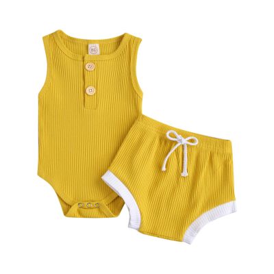 Newborn Baby Boy Girl Summer Clothes Ribbed Sleeveless Bodysuits Rompers Tops+Shorts Pants 2PCS Outfits Set Toddler Clothes (Yellow, 0-6 Months)
