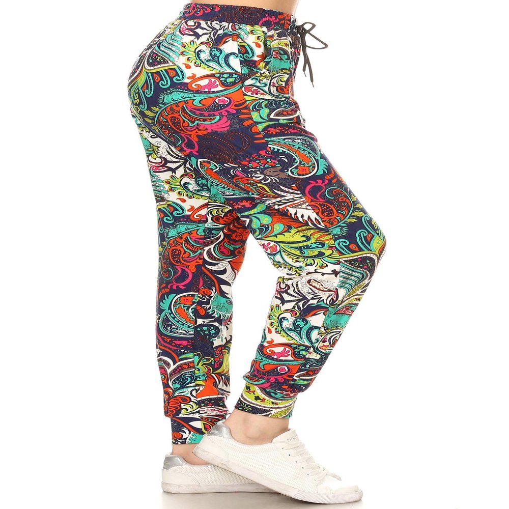 JGAX-Q669-1X Lush Garden Print Jogger Track Pants w/Pockets, 1X